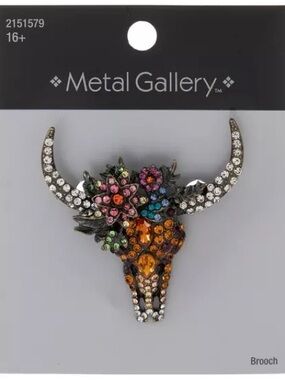 New Metal Gallery Jeweled Bull Skull Brooch - Multicolor Crystal